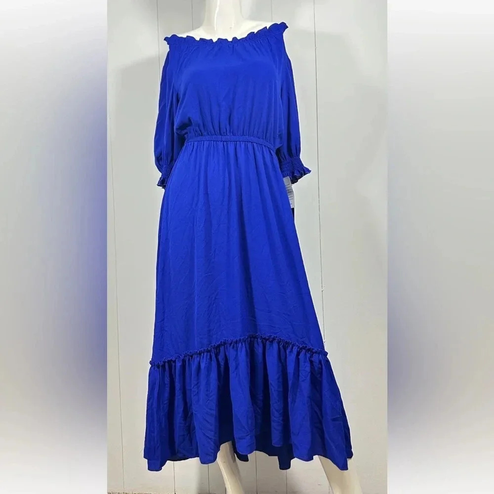 NWT DONNA MORGAN Royal Blue Smocked Waist Off Shoulder Peasant Dress Sz 4